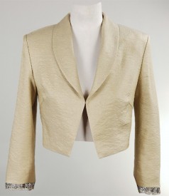 Golden satiny fabric bolero with lace applied at cuffs