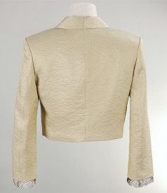 Golden satiny fabric bolero with lace applied at cuffs