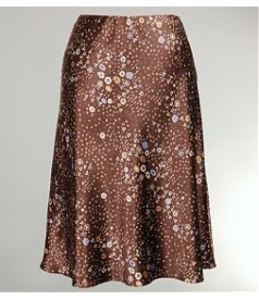 Brown satiny flared skirt with floral print