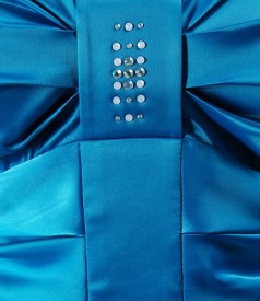 Turquoise satin dress with folds and crystal application