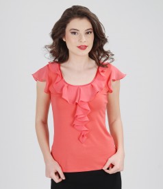 Jersey t-shirt with jabot and veil sleeves