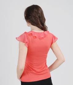 Jersey t-shirt with jabot and veil sleeves