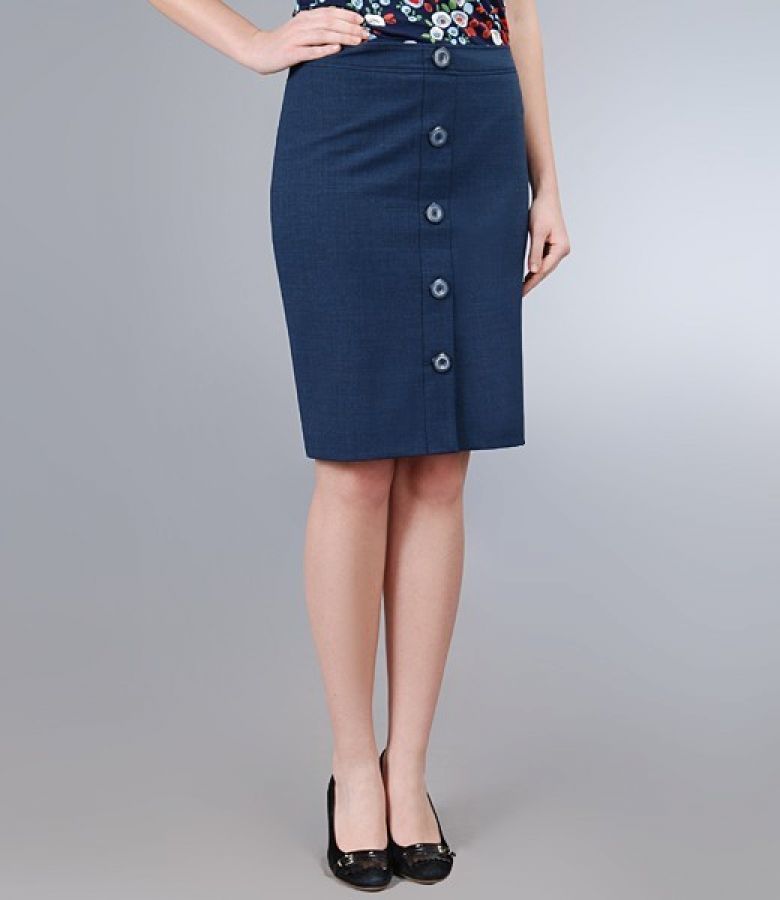 Blue office skirt with virgin wool and buttons