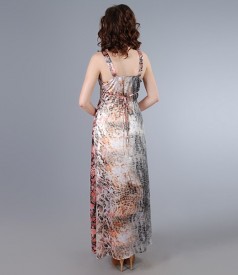 Long dress in print elastic satin with accessories