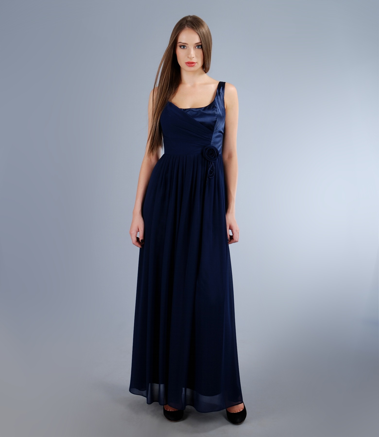 Long dress with corsage in satin and veil dark blue - YOKKO