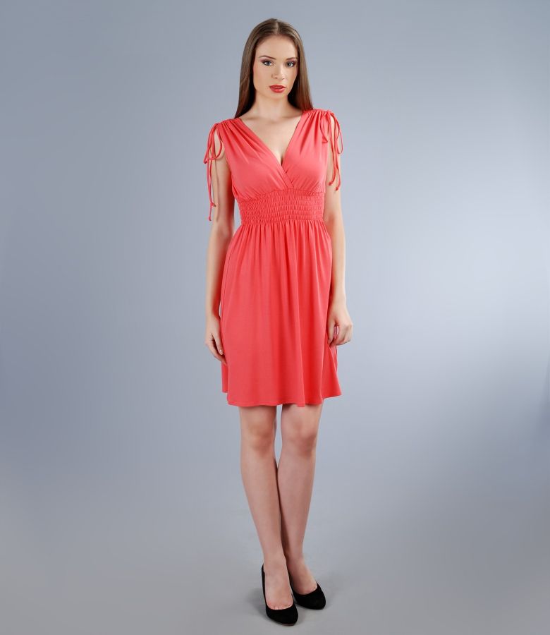 Elastic jersey dress with overlapped chest coral - YOKKO