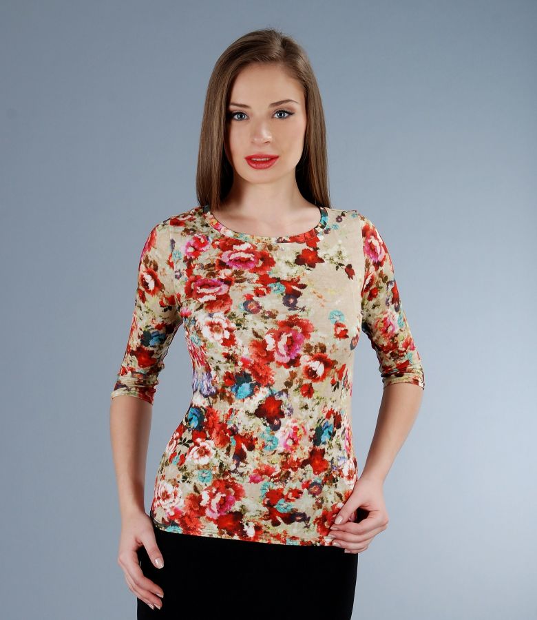 Printed elastic jersey t-shirt with sleeves