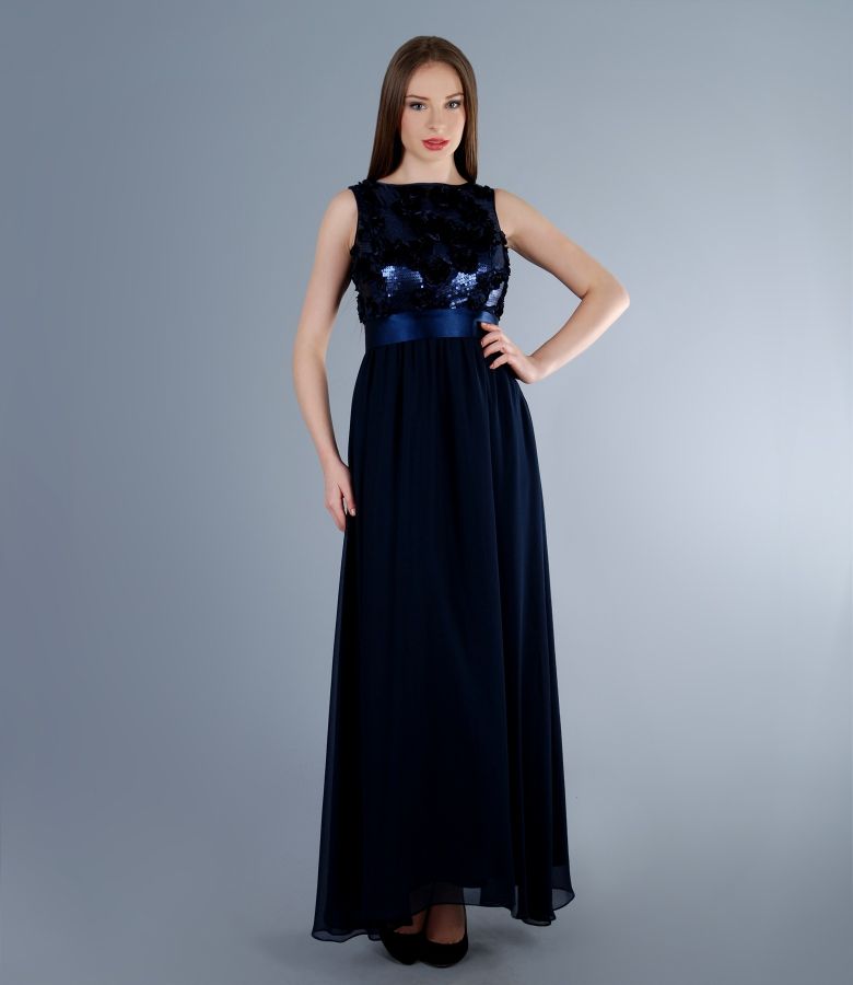 Long dress with sequins and floral paterns bodice dark blue - YOKKO