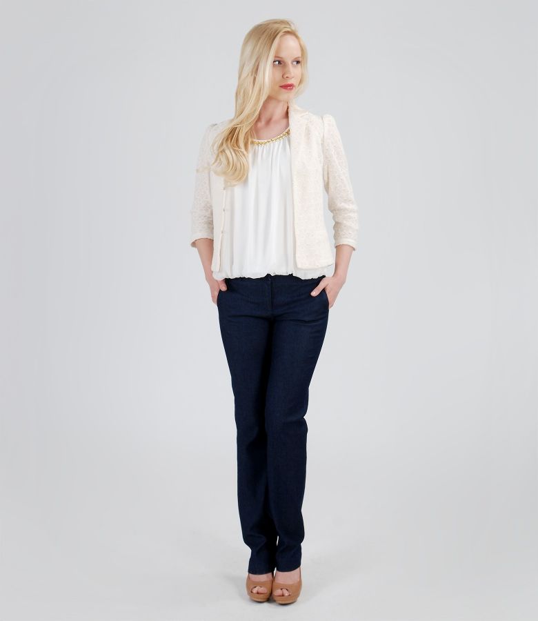 Lace jacket with veil blouse and denim trousers