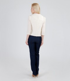 Lace jacket with veil blouse and denim trousers