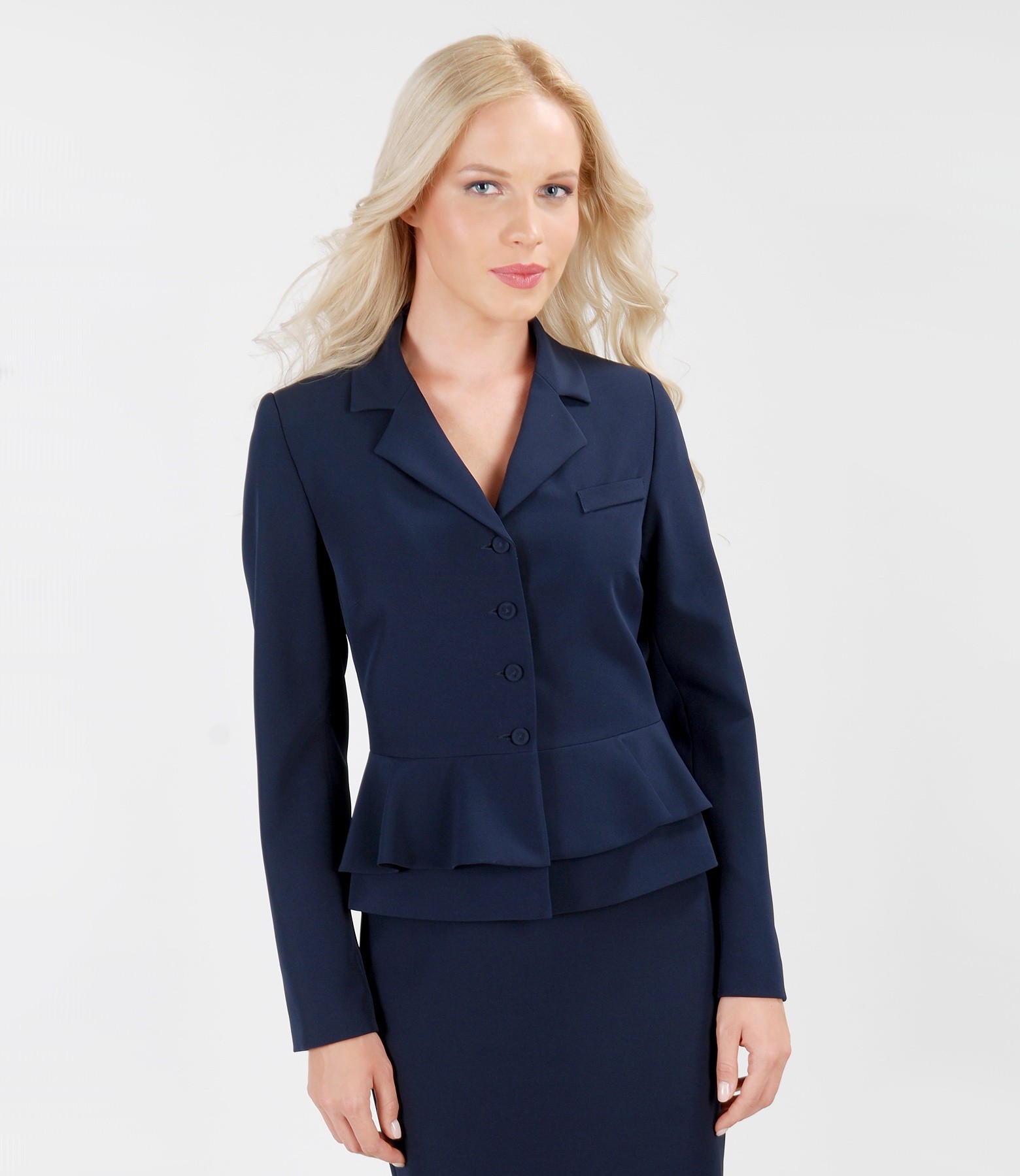 Elastic fabric office jacket with frill dark blue - YOKKO