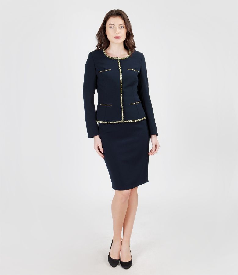 Office outfit from navy-blue elastic fabric with trim and metallic gold targets