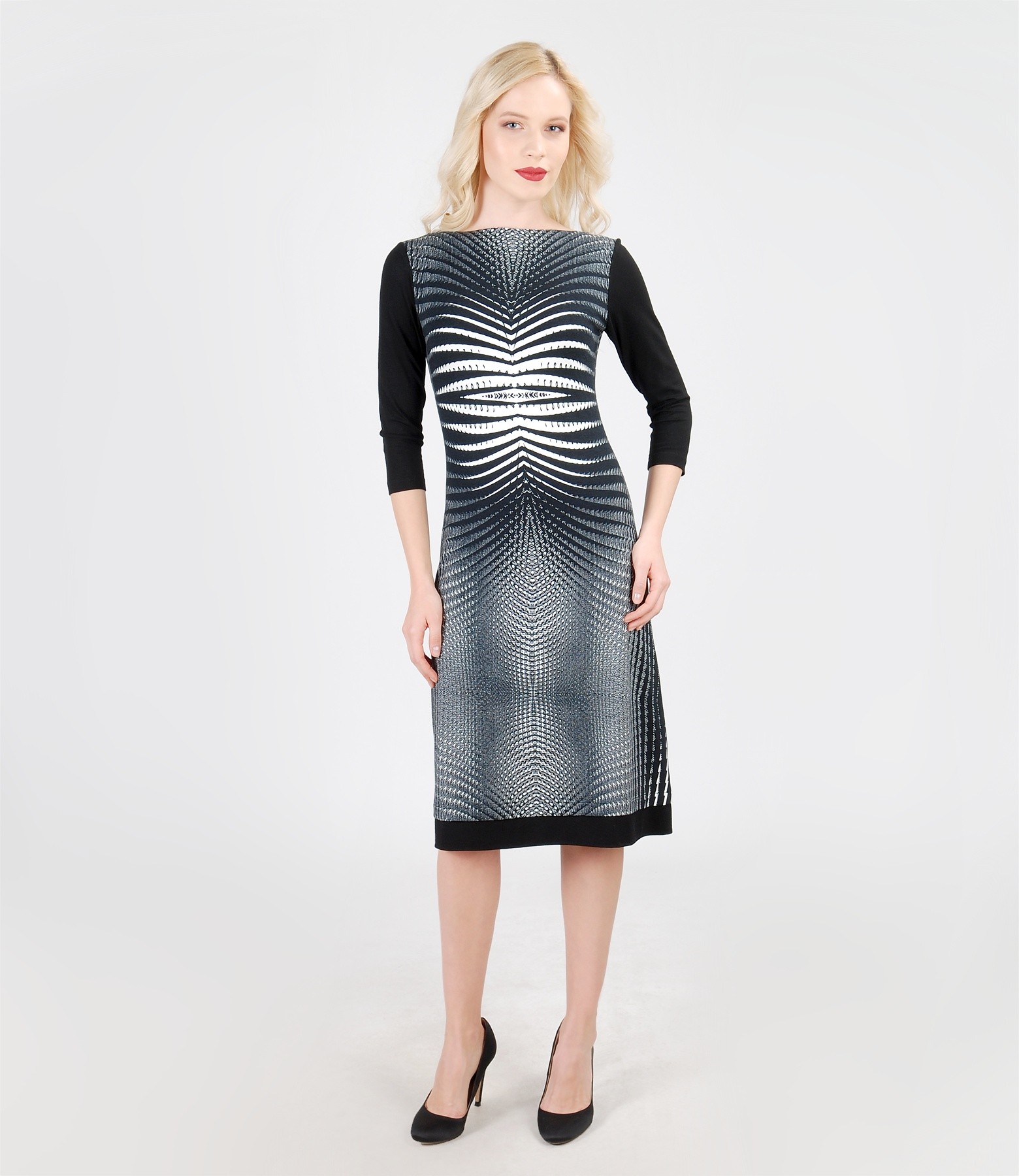 Printed elastic jersey dress with lining white-black - YOKKO