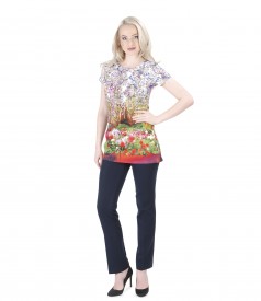 Printed elastic jersey blouse with trousers