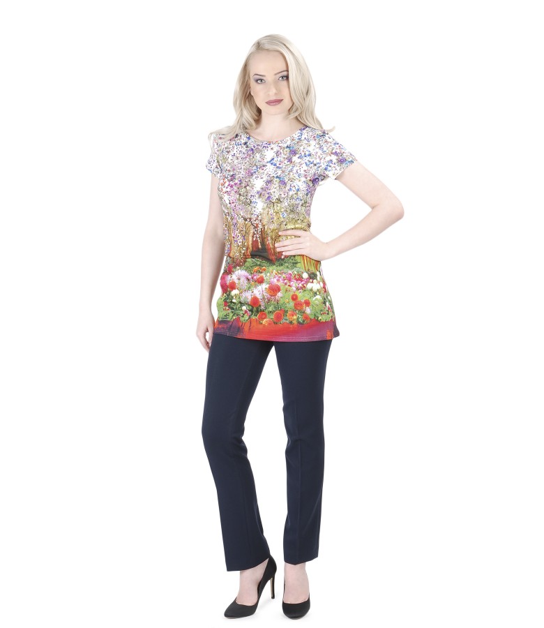 Printed elastic jersey blouse with trousers