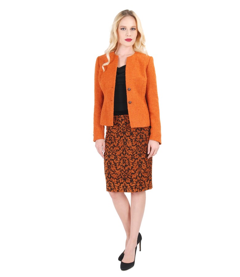 Women outfit with loops jacket and velvet brocade skirt