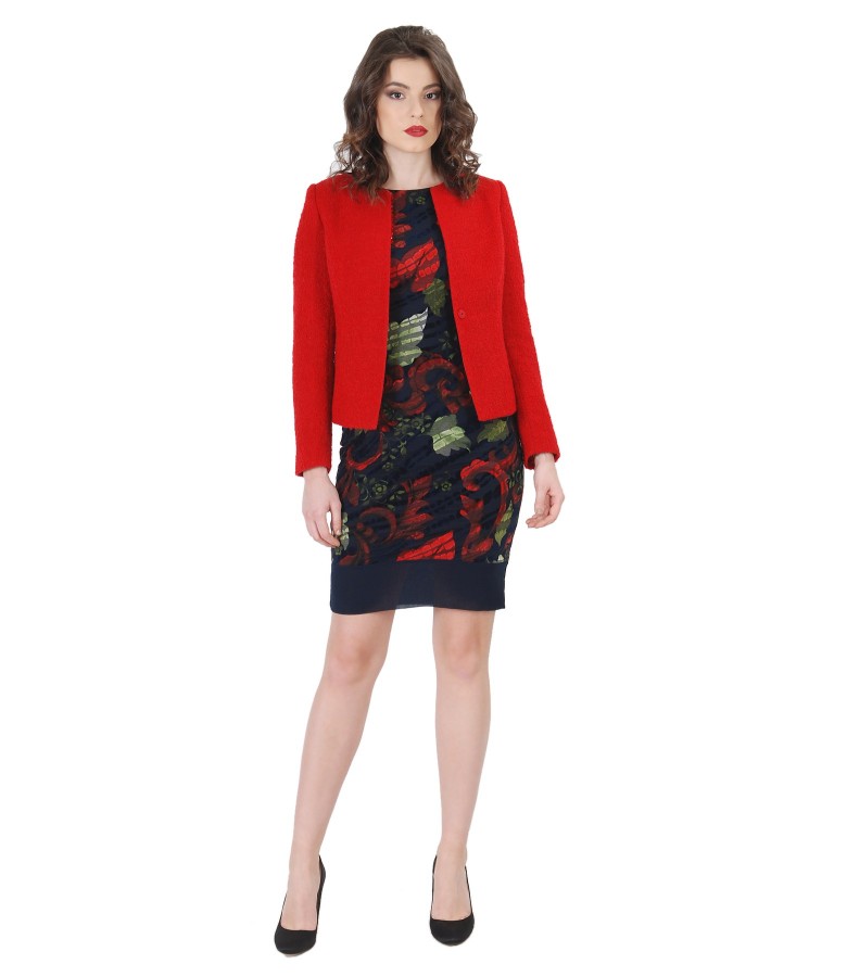 Women outfit with loops jacket and velvet brocade dress