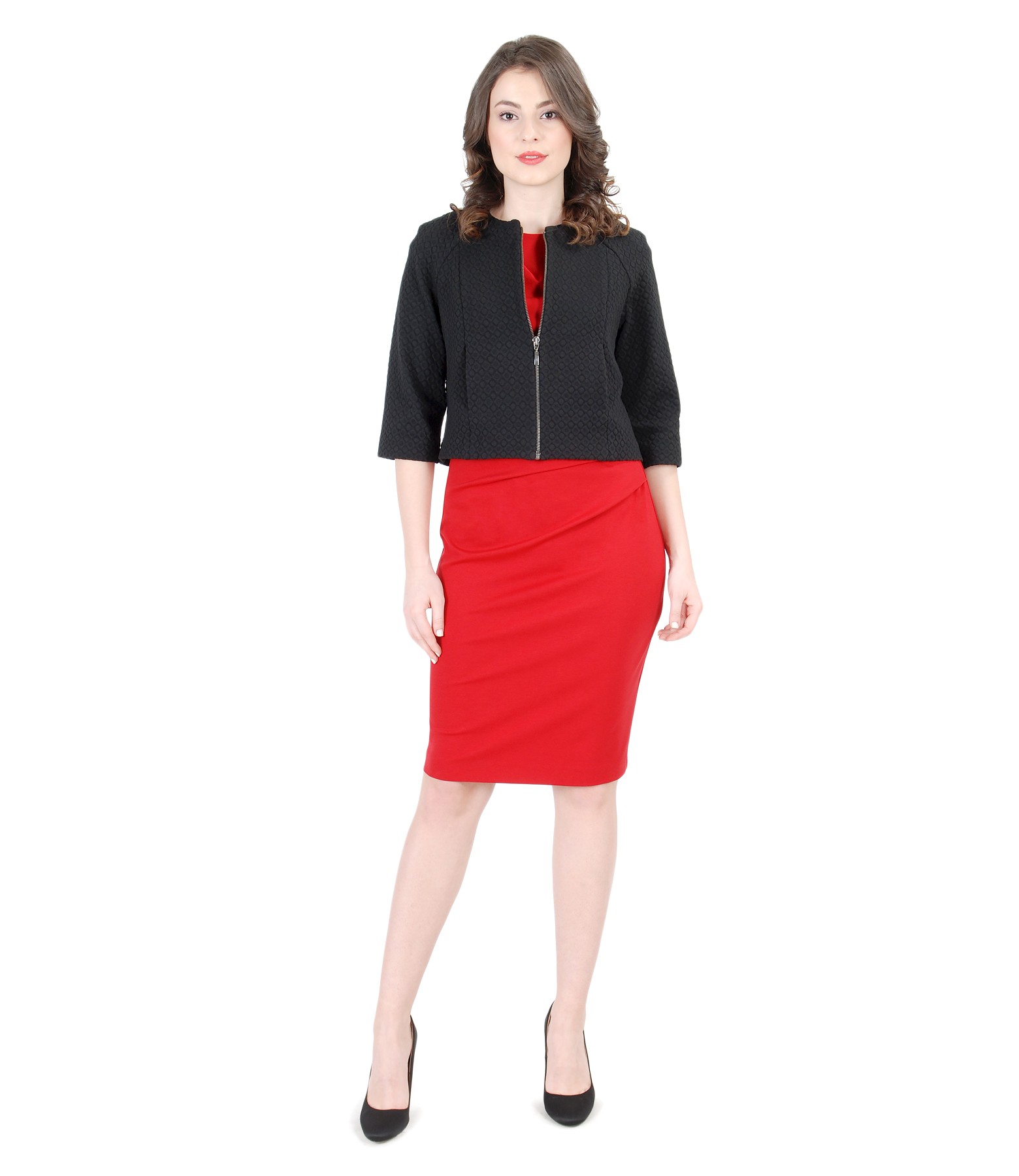 Brocade jacket with thick elastic jersey dress with folds - YOKKO