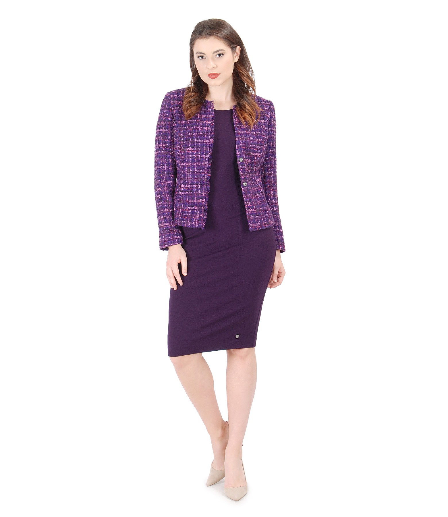 Office suit with multicolor loops jacket and elastic jersey dress - YOKKO