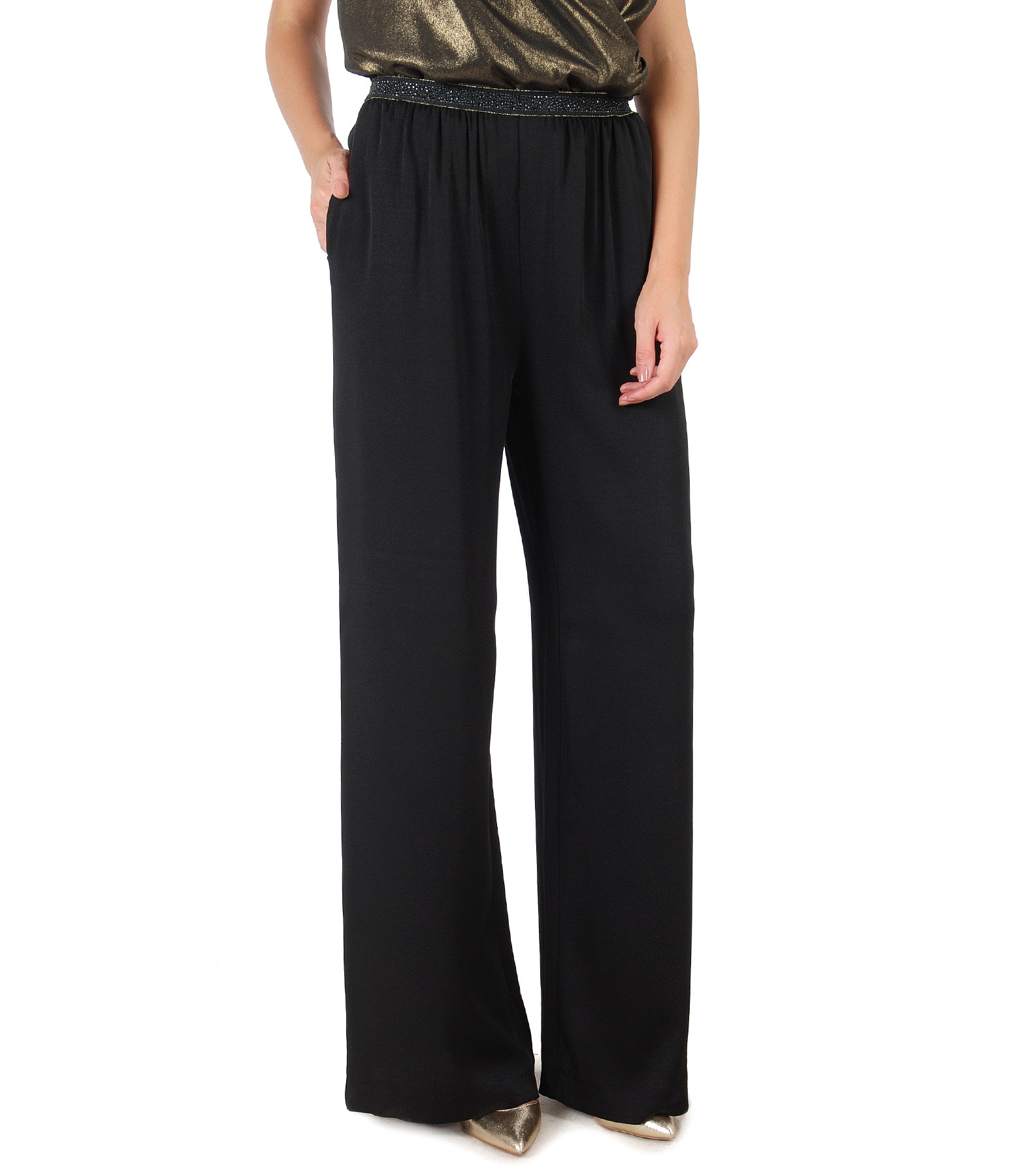 Elegant viscose pants with precious elastic waist black - YOKKO