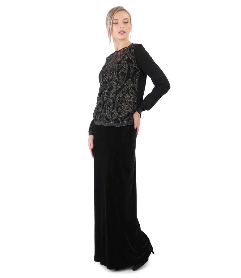 Elastic velvet skirt and blouse with lace and golden motifs - YOKKO