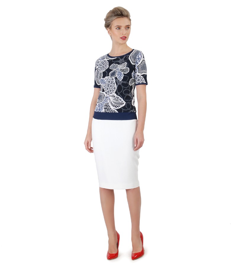 Office skirt made of elastic fabric and printed jersey blouse - YOKKO