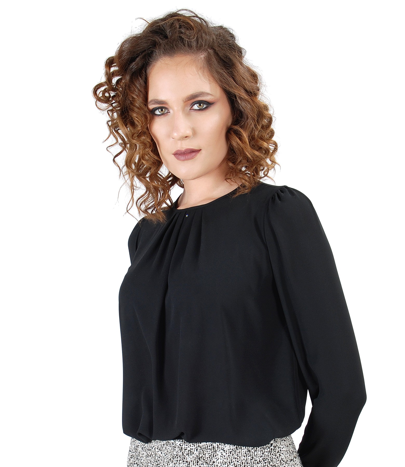 Blouse with folds on decolletage embellished with crystals black - YOKKO