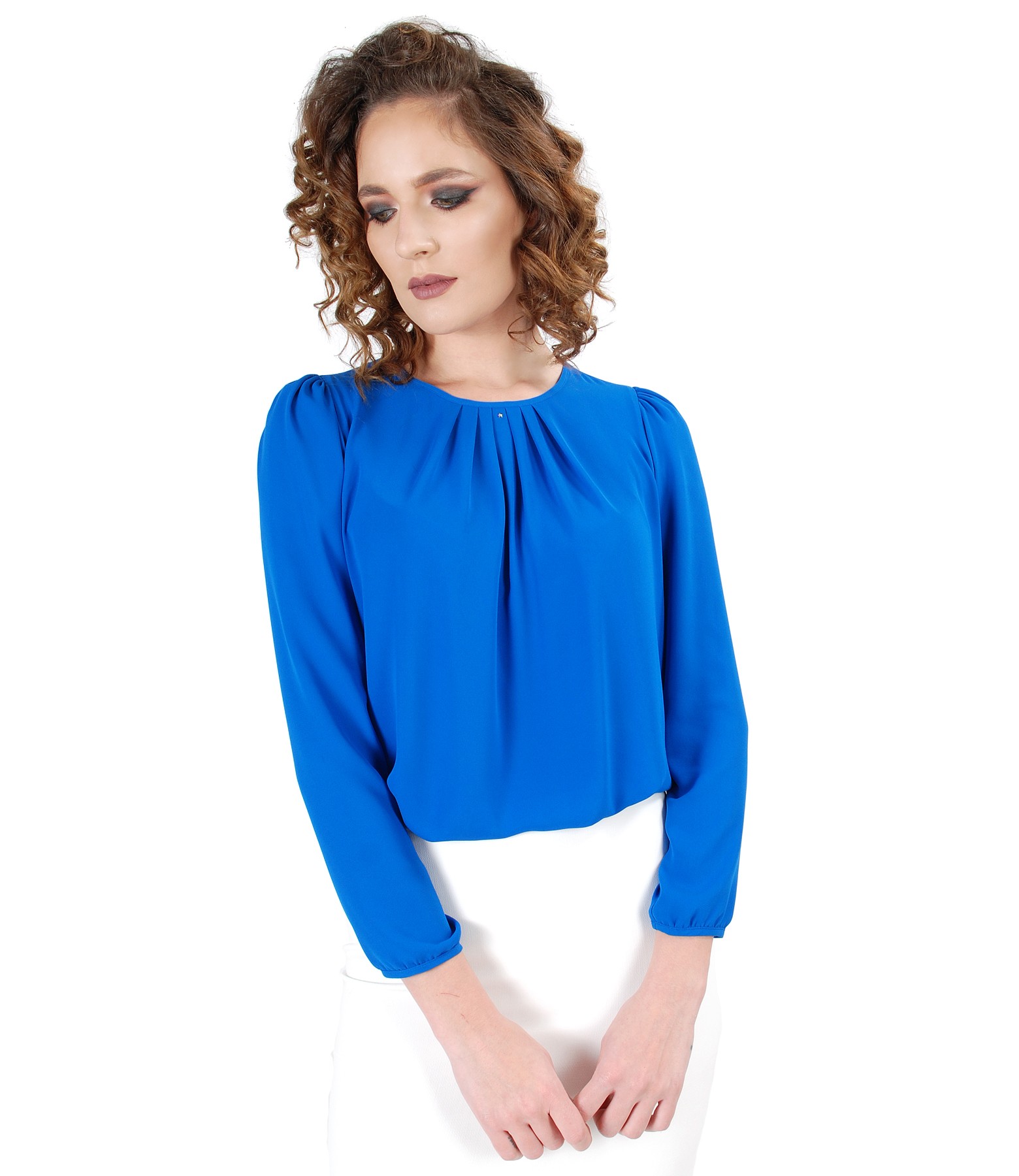 Blouse with folds on decolletage embellished with crystals safire blue ...