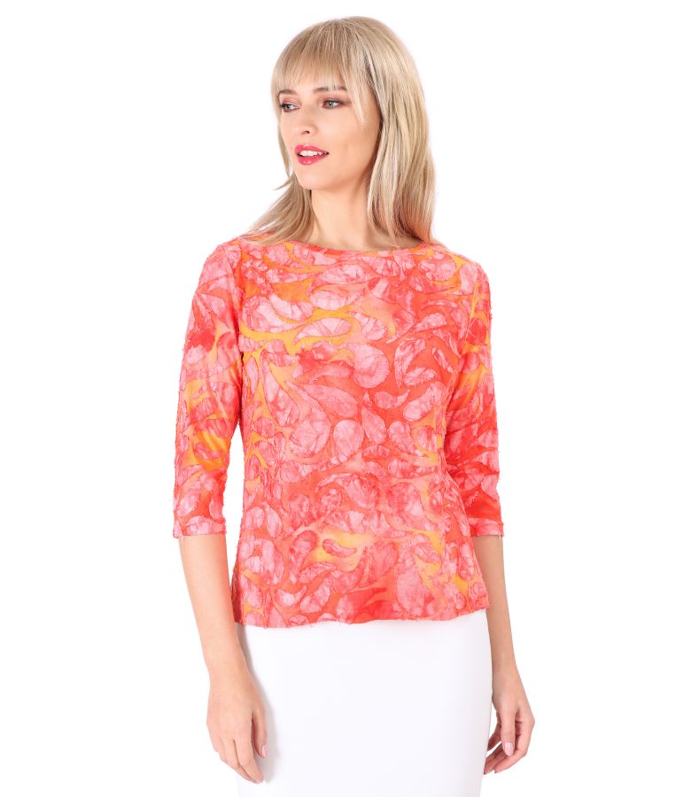 Jersey blouse with embossed pattern coral red - YOKKO