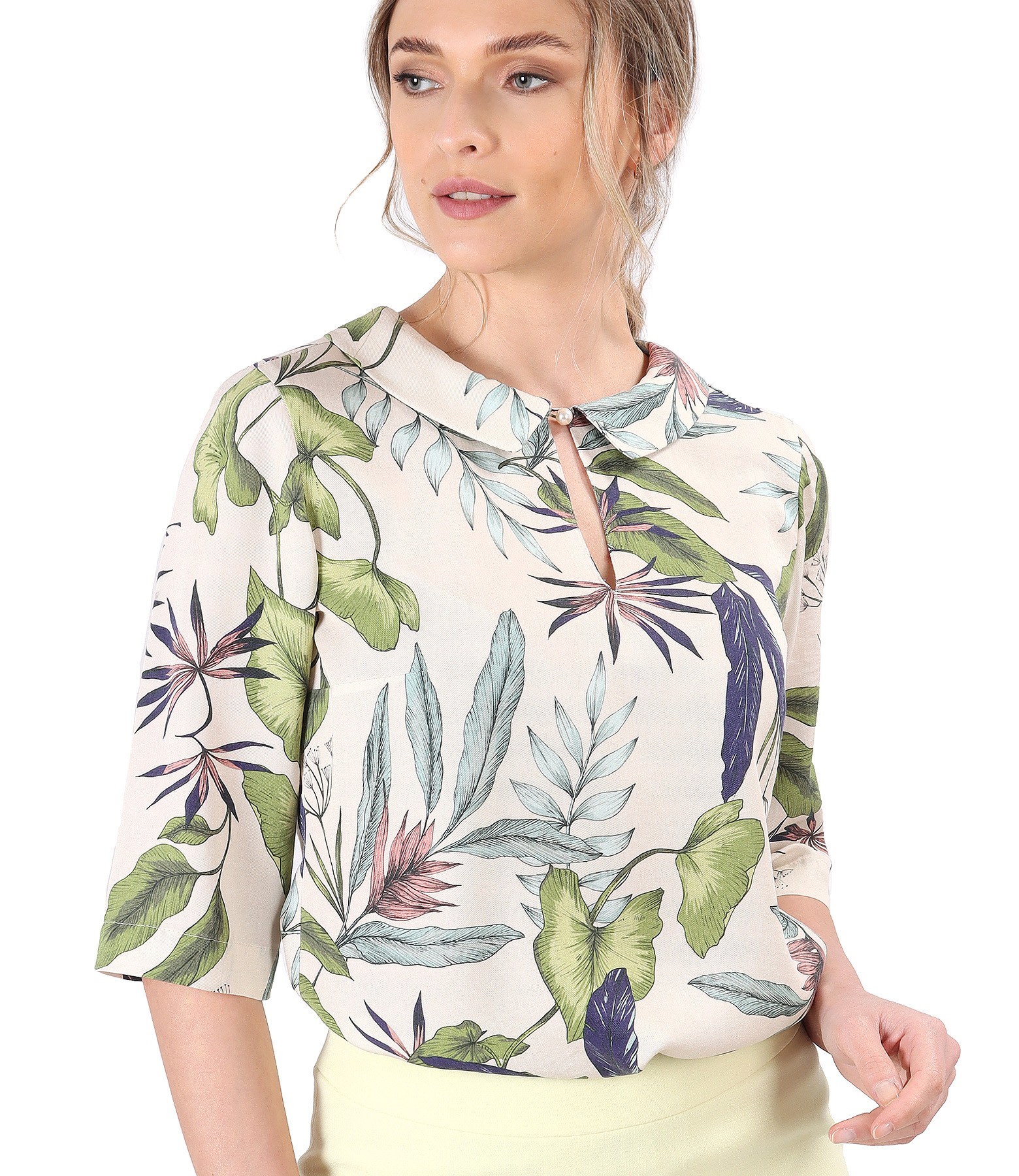 Elegant tencel blouse printed with floral motifs beige - YOKKO