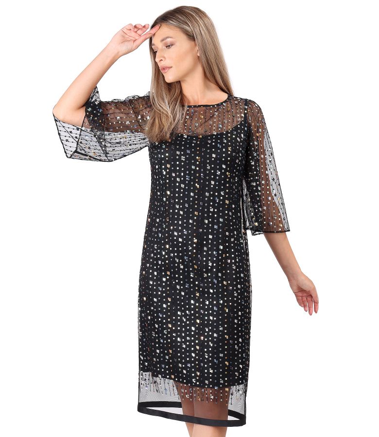 Evening dress with wide lace sleeves with sequins black - YOKKO
