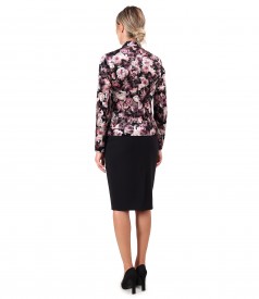 Elegant outfit with printed velvet jacket and office skirt.