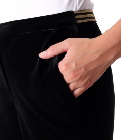 Black elastic velvet pants with elastic at the waist