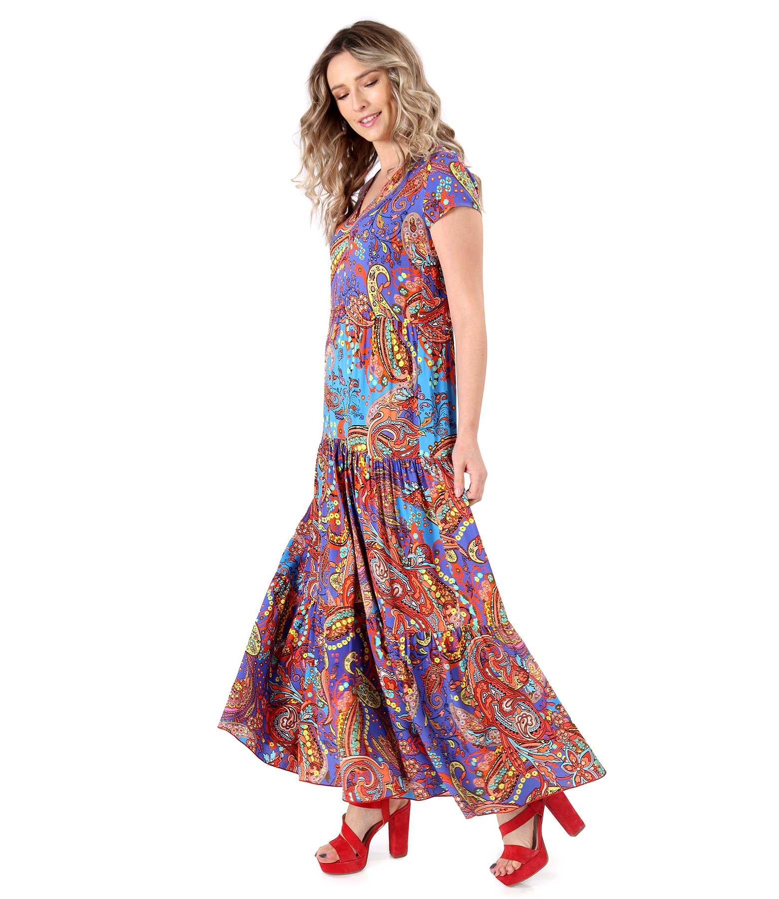 Long dress with ruffles made of printed viscose print - YOKKO