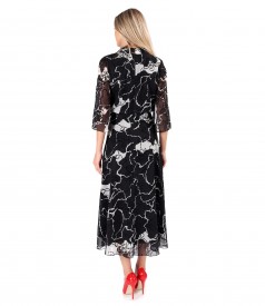 Midi dress made of veil with floral motifs brocade with velvet