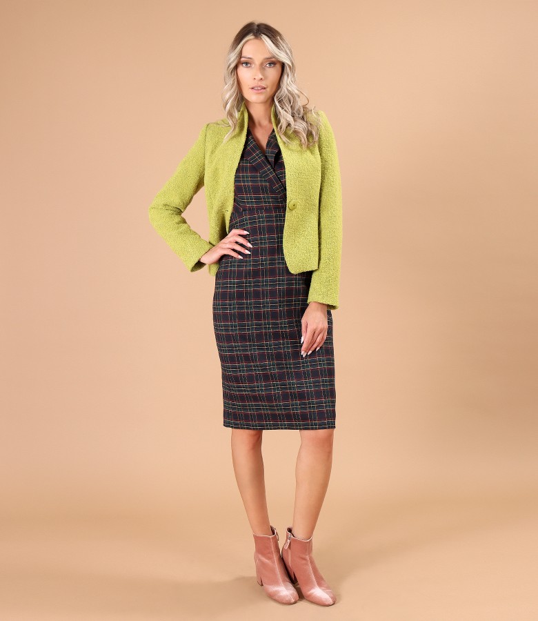 Office outfit with checkered dress and jacket made of wool and alpaca curls