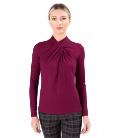 Elastic viscose jersey blouse with pleats at the neckline