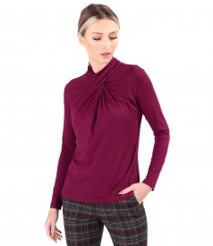 Elastic viscose jersey blouse with pleats at the neckline