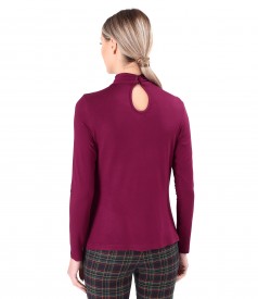 Elastic viscose jersey blouse with pleats at the neckline