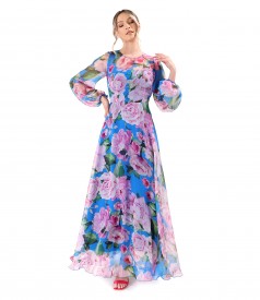 Long printed soft veil dress with oversized floral motifs