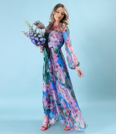 Long printed soft veil dress with oversized floral motifs
