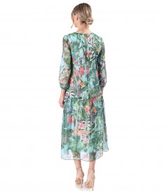 Midi dress with frill made of soft veil printed with floral motifs