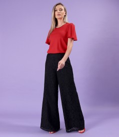 Wide-leg pants made of lace with cotton with floral motifs