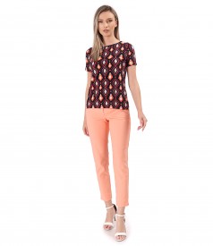 Elastic jersey blouse printed with geometric motifs