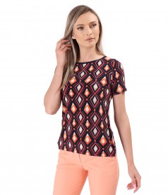 Elastic jersey blouse printed with geometric motifs