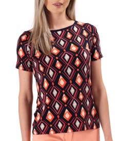 Elastic jersey blouse printed with geometric motifs