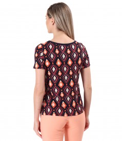 Elastic jersey blouse printed with geometric motifs