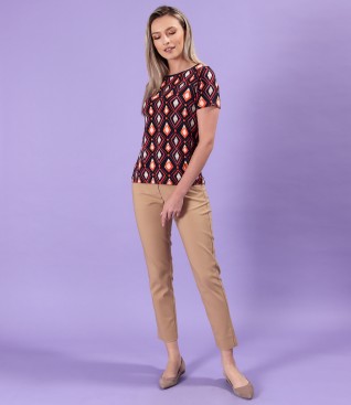 Printed elastic jersey blouse with ankle pants