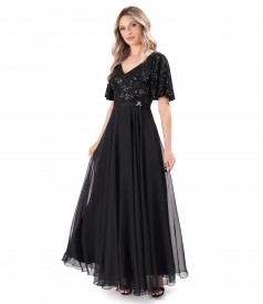 Long dress with bodice and wide sequined sleeves