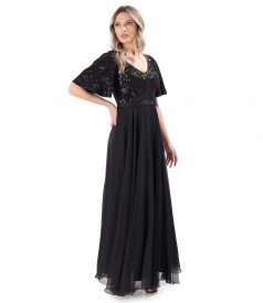 Long dress with bodice and wide sequined sleeves